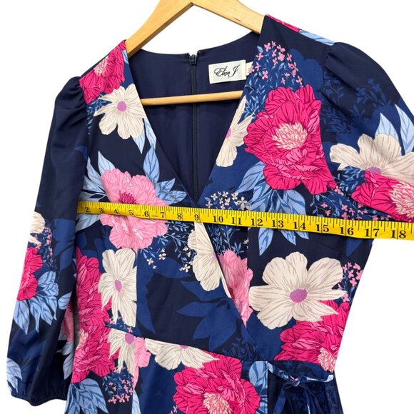 Eliza J Floral Faux Wrap Midi Dress Navy Blue Multi 3/4 Sleeve Lined Size 4 - Picture 12 of 13